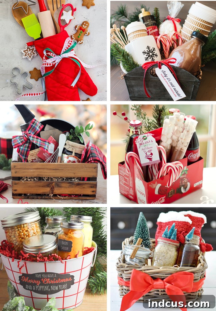 A display of Christmas gift basket ideas, including baking, hot cocoa, and popcorn themes.