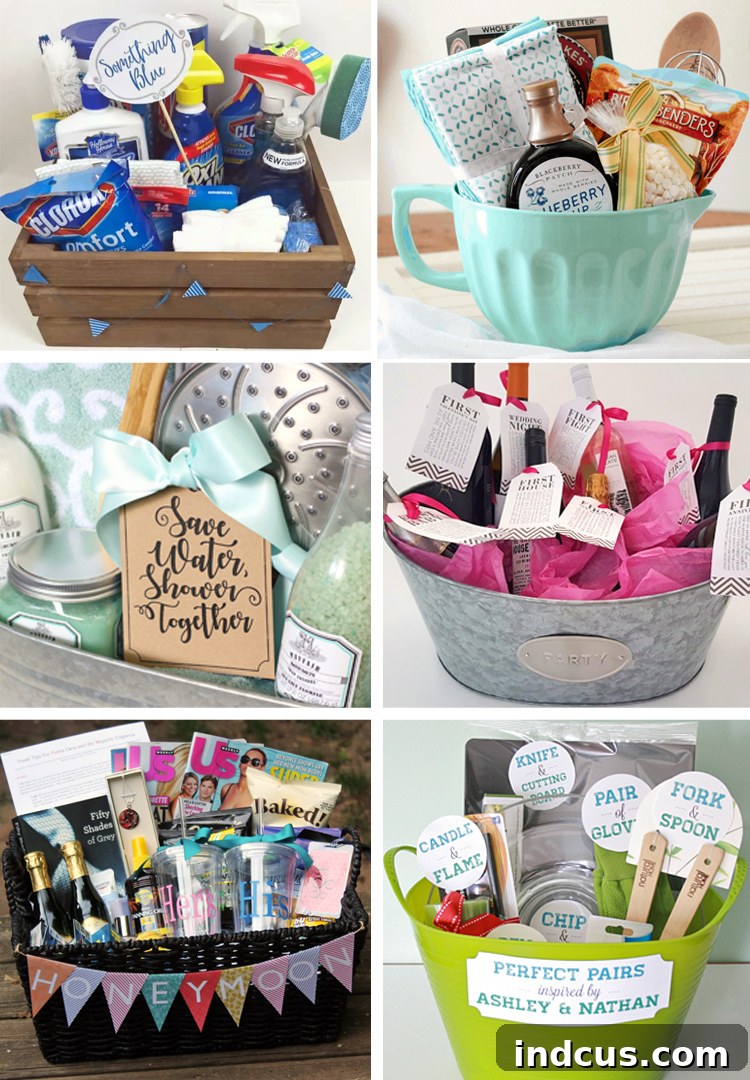 A collage of bridal shower gift basket ideas, featuring themes like 'something blue,' pancake breakfast, and honeymoon.