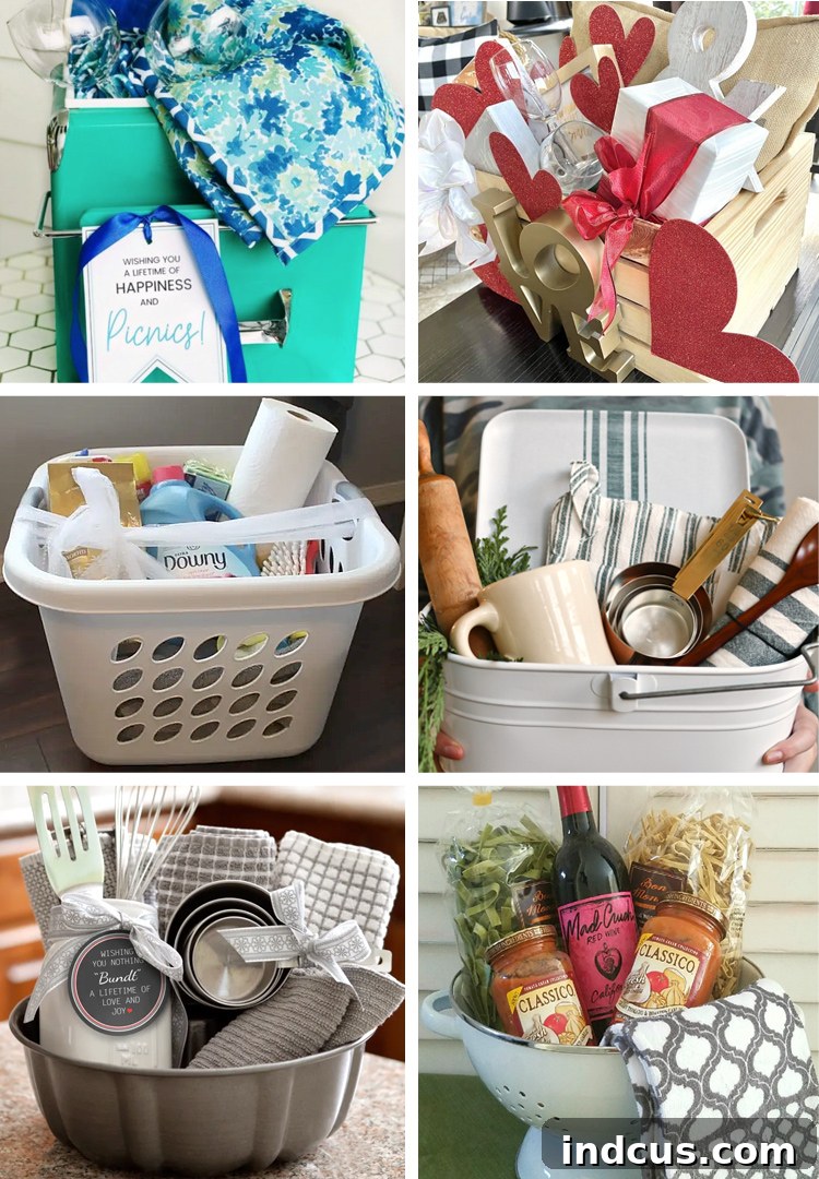 A showcase of wedding gift basket ideas, including picnic, date night, and kitchen themes.