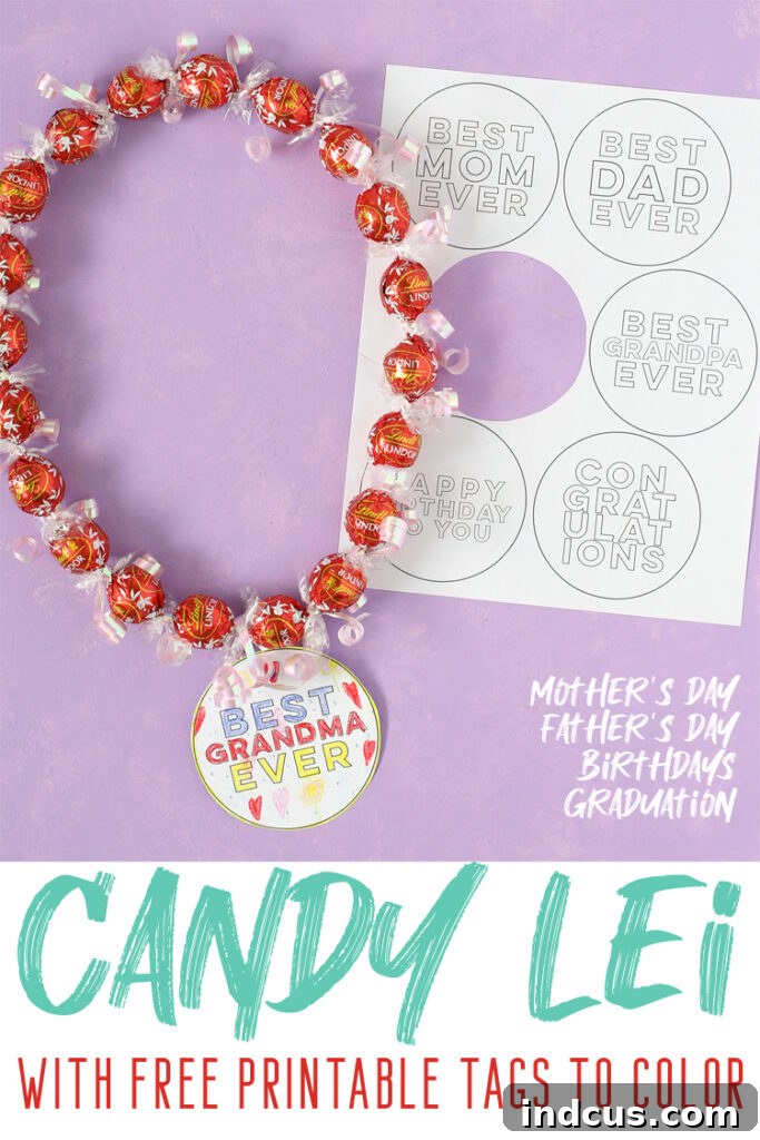 An inspiring image of a completed candy lei, adorned with a custom-colored tag, ready to be gifted or worn.