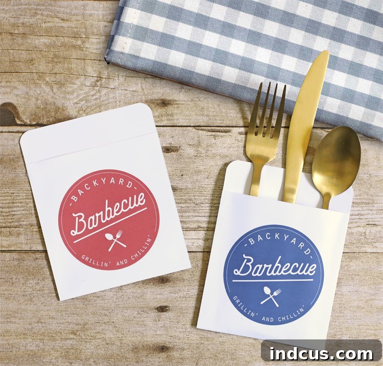 Beautifully filled printable summer barbecue utensil pouch with cutlery and napkin ready for guests