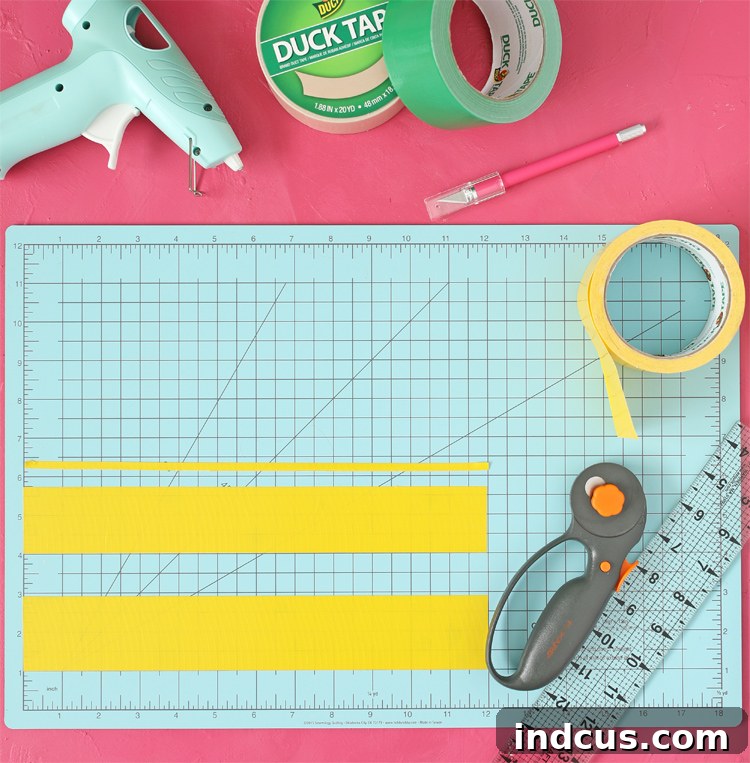 Technique for cutting Duck Tape for crafts using a rotary cutter, ruler, and cutting mat