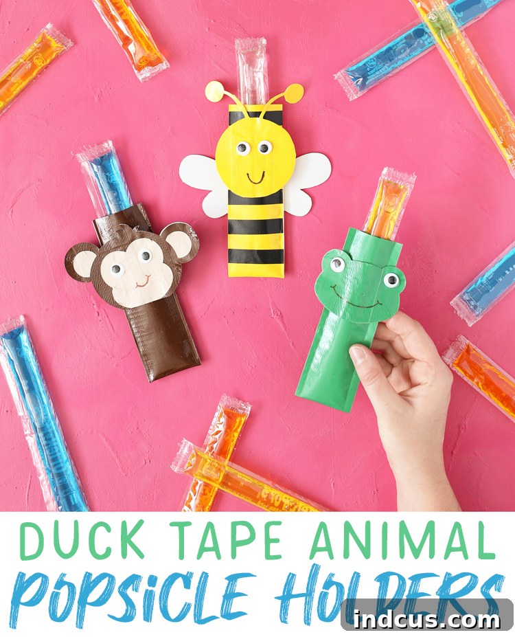 Duck Tape animal popsicle holder with text overlay 'Duck Tape summer craft idea'
