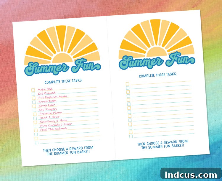 Printable Summer Fun checklist for kids' daily tasks and summer activities