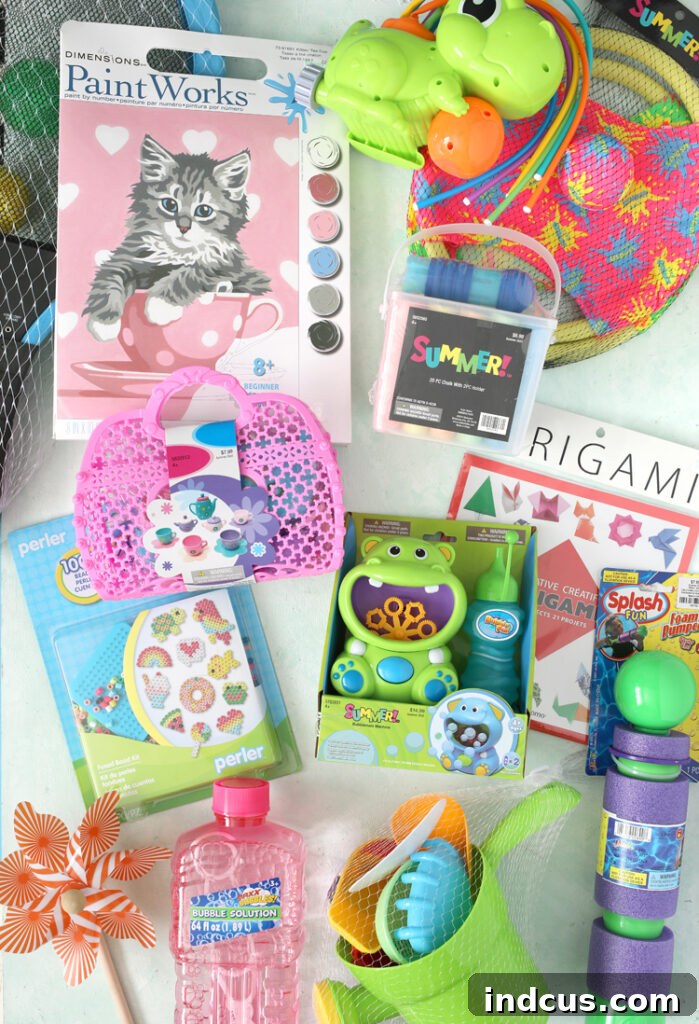 Assortment of engaging summer toys, craft kits, and activities for children to keep them busy