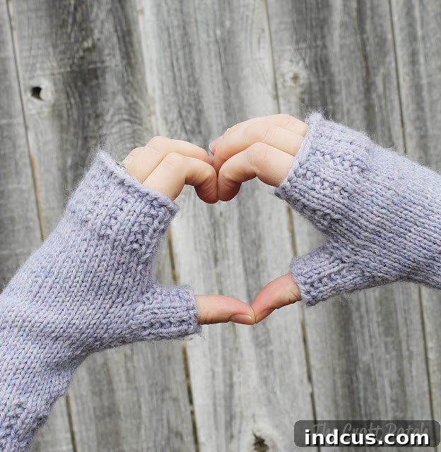 Knitted Fingerless Mitts in Merino Wool Knitting pattern for soft merino wool fingerless mitts in lavender.