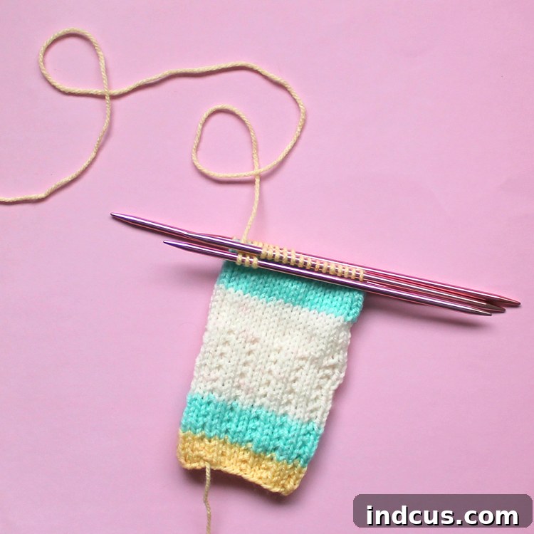 Beginning Knitting Pattern Body Pattern for knitted gloves, showing the plain knit section after the broken rib cuff.