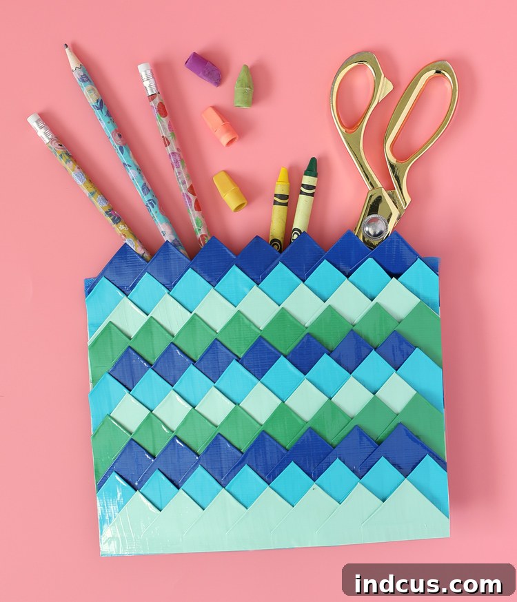 The back of the Duck Tape zip pouch covered with solid colored Duck Tape for a finished and durable look.