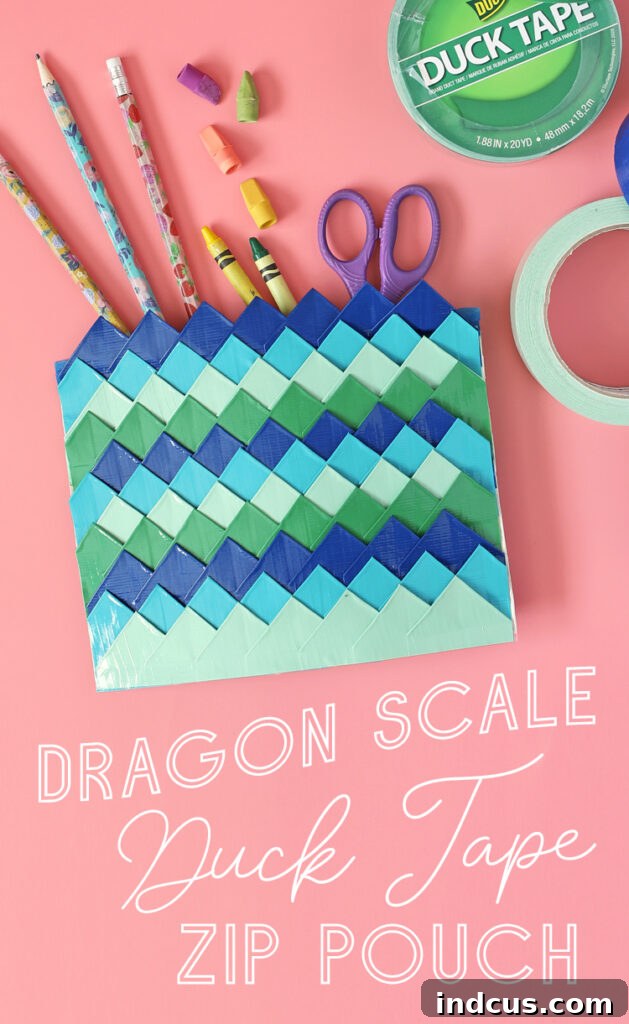A creative Duck Tape dragon scale zip pouch, designed for Pinterest, showcasing the finished product and encouraging users to save the idea.