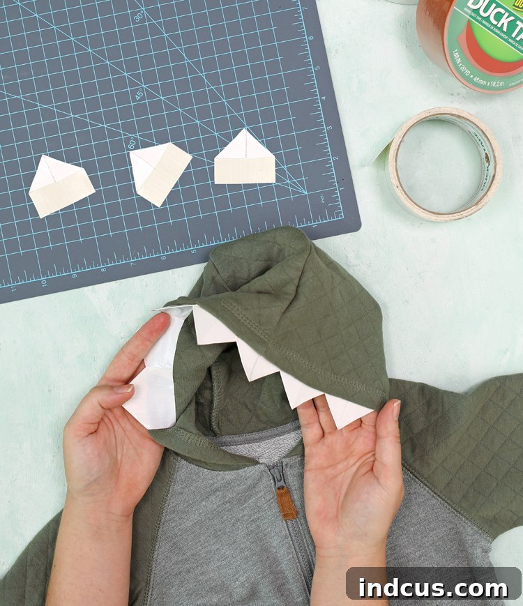 duck tape dinosaur costume tutorial attaching teeth