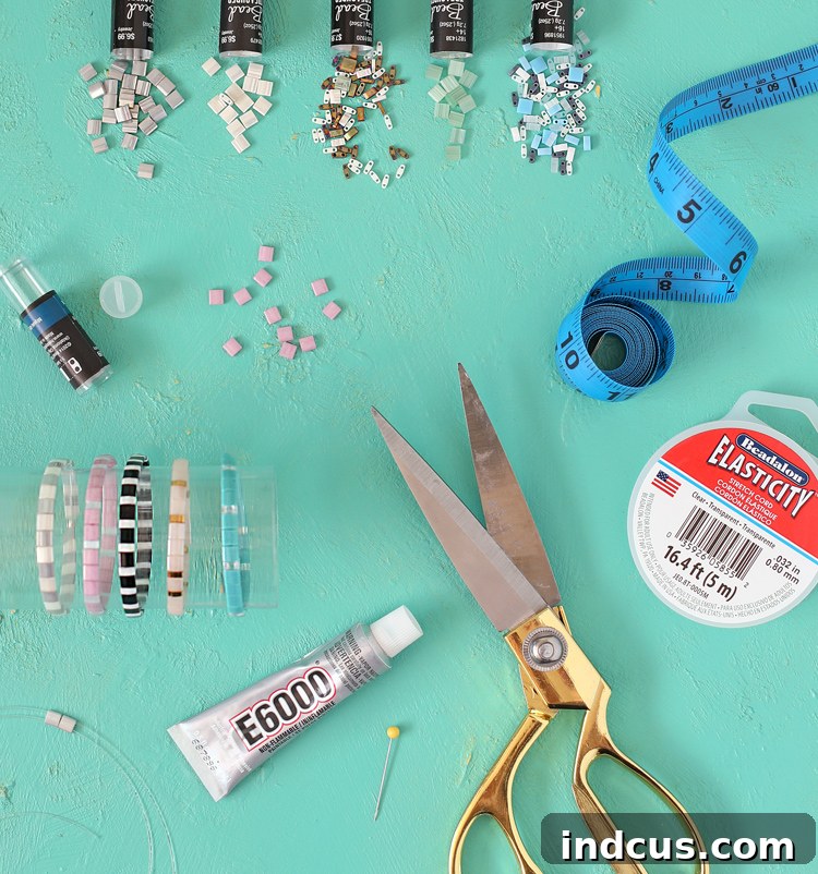 Easy DIY Flat Bead Bracelet 4 materials needed to make a stretch tile bead bracelet