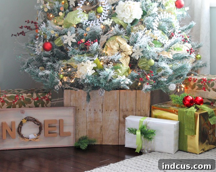 Make a faux wood Christmas tree base in an hour DIY faux barn wood Christmas tree collar made from cardboard and paper, featuring a rustic holiday aesthetic.