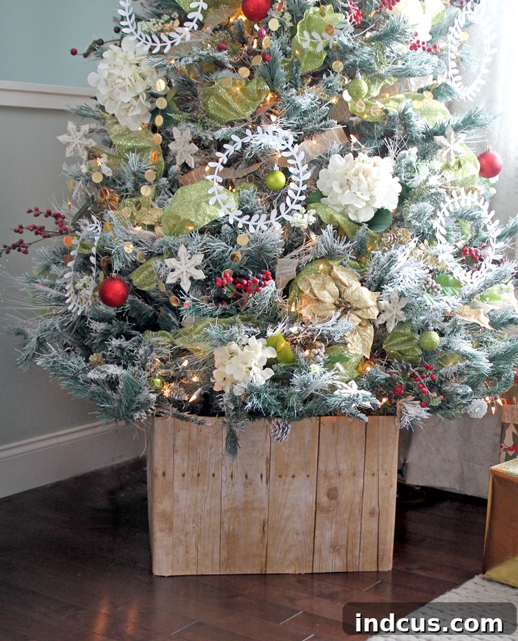 How to make a Christmas tree stand box that looks like wood Finished DIY tree collar as an alternative to traditional tree skirts, adding rustic charm.