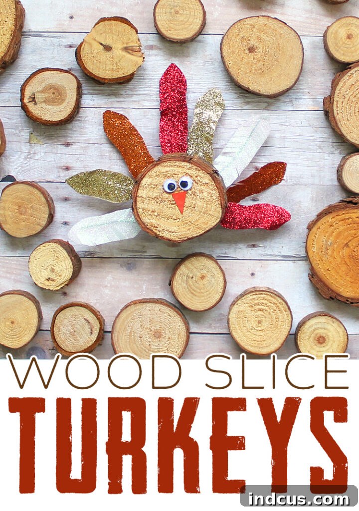 Pin this craft: Rustic wood slice turkeys with glitter washi tape for Thanksgiving decor ideas