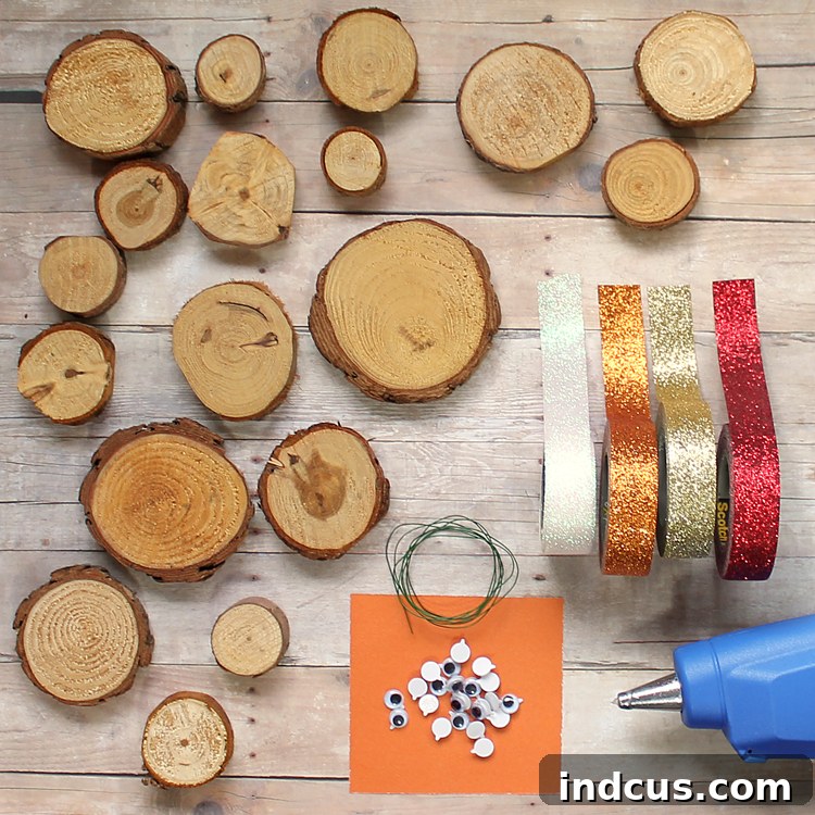 All materials needed to create rustic wood slice and washi tape Thanksgiving turkeys