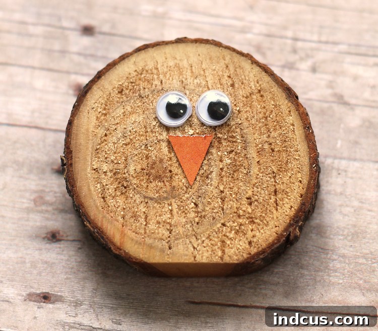 Assembling the face of a wood slice turkey: attaching googly eyes and an orange cardstock beak