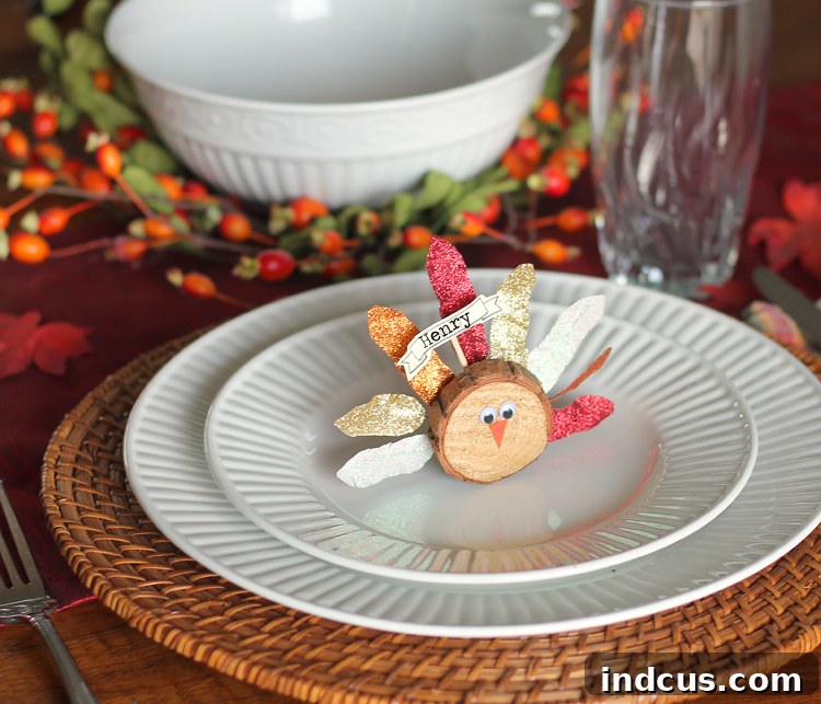 Wood slice turkey transformed into a festive Thanksgiving place card holder