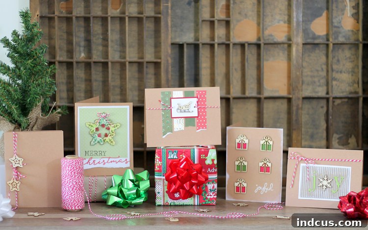 Diverse handmade Christmas card designs featuring kraft paper, wood shapes, and baker's twine
