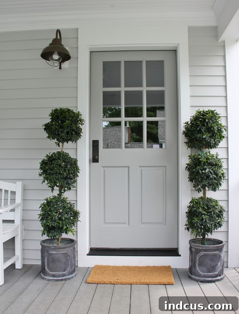 Triple ball topiaries creating an elegant entrance