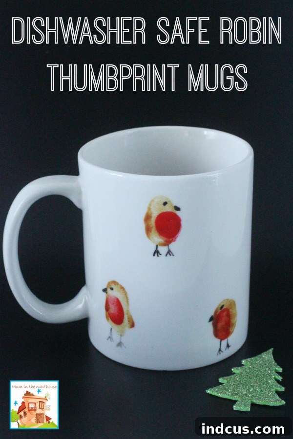 A hand-painted ceramic mug adorned with cute robin thumbprints, with a dishwasher-safe finish.