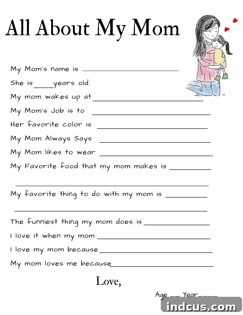 A free printable 'All About My Mom' questionnaire, thoughtfully filled out by a child.