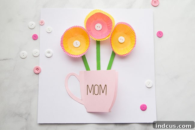 A charming handmade Mother's Day card, created with simple and inexpensive decorative items.