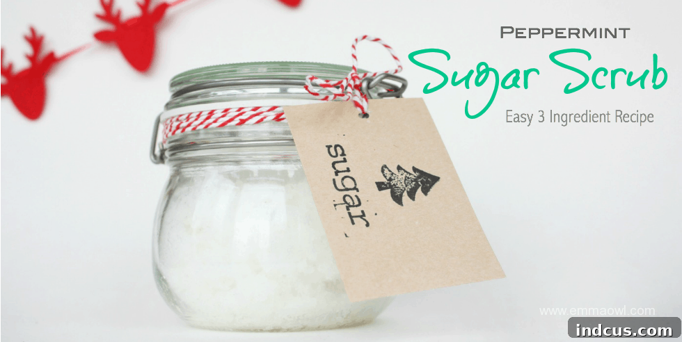 DIY peppermint sugar scrub in a glass jar, a relaxing and indulgent gift idea for Mom.