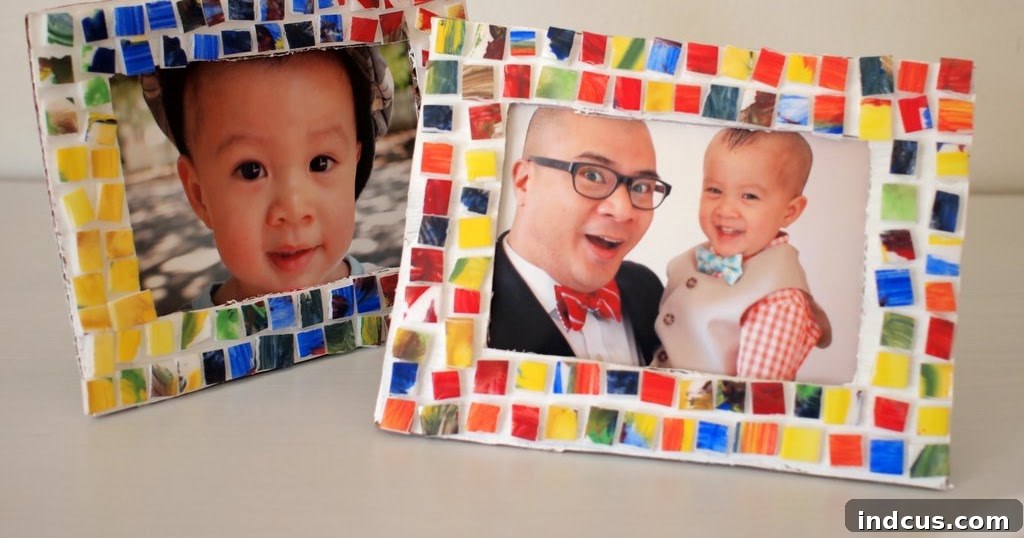 A painted mosaic styrofoam tile picture frame, a customizable craft for kids to make for Mother's Day.