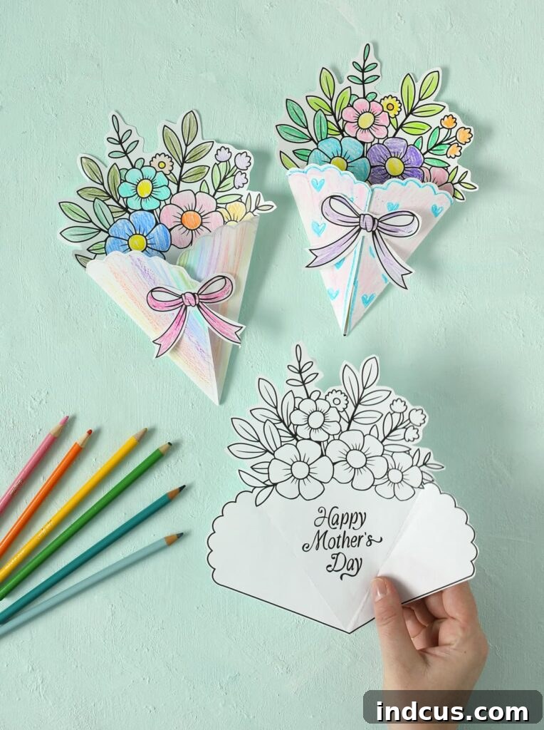 A charming printable Mother's Day bouquet coloring card, folded to resemble flowers and tied with a bow.