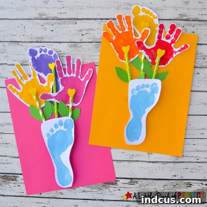 Mother's Day card featuring an adorable bouquet of flowers made from a child's handprints and footprints.