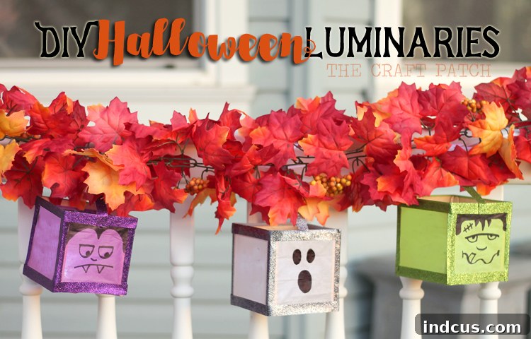 Two glowing DIY Halloween luminaries with monster faces illuminating a porch at night.