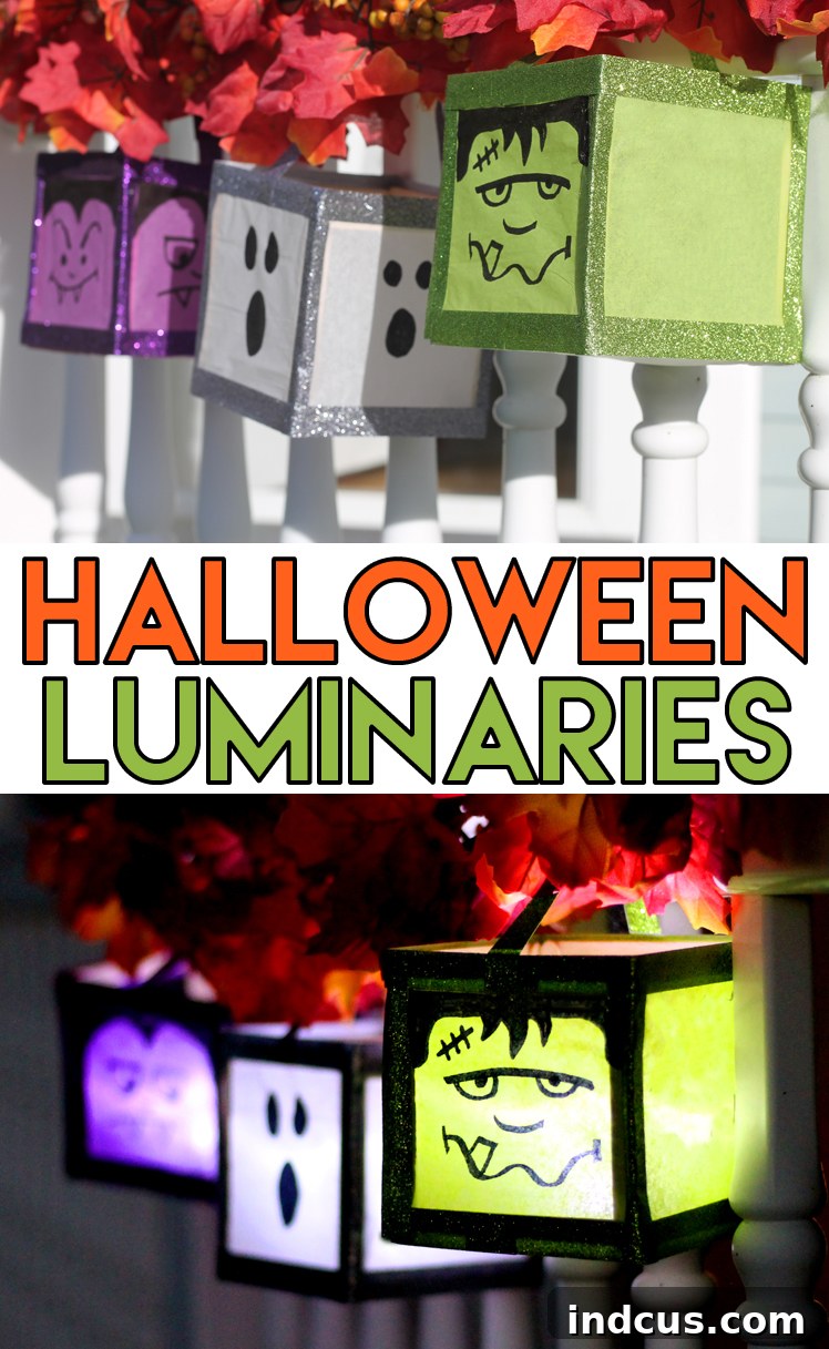 Pinterest graphic featuring a finished Halloween luminary made from popsicle sticks and tissue paper, with text 'DIY Halloween Luminaries'.