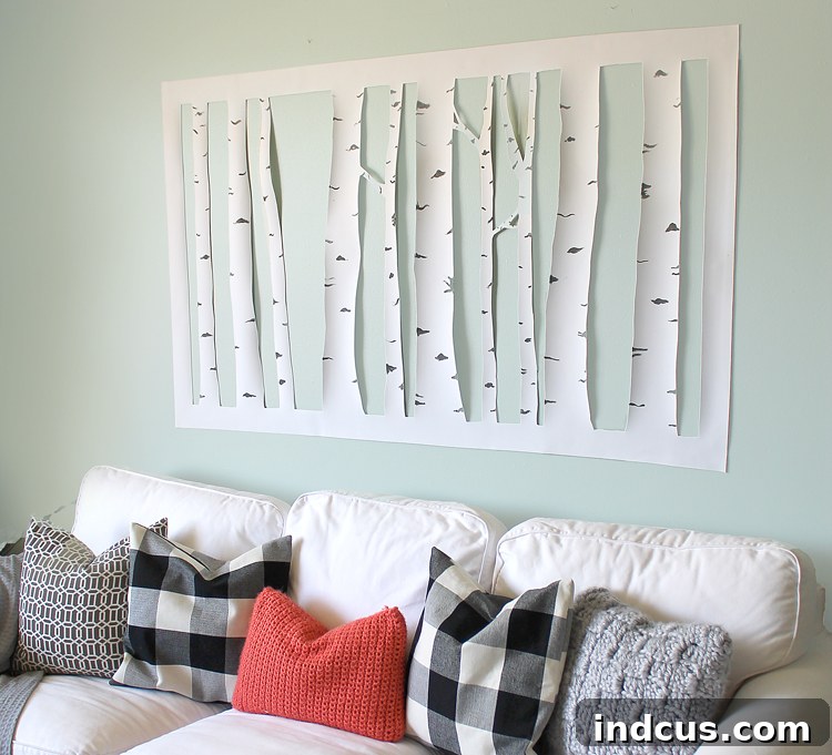 Detailed view of the DIY aspen tree wall art, showcasing the texture and shadow effect created by the craft foam against a wall.