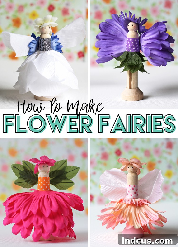 A group of colorful flower fairy crafts, perfect for kids and creative DIY enthusiasts