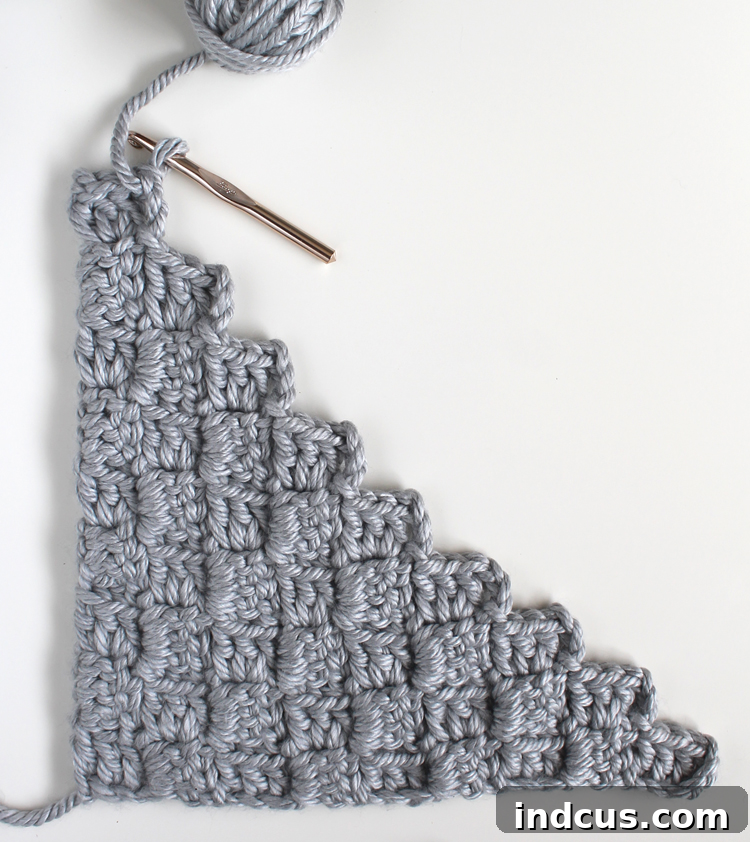 Crochet on the diagonal stitch: Increasing rows completed for pillow