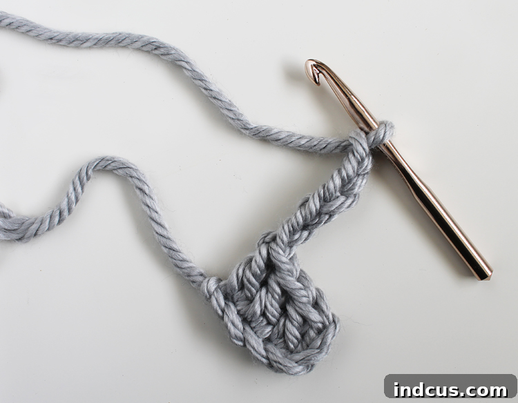 Crochet Pillow Tutorial Step 3: Chain 6 to begin a new row's block
