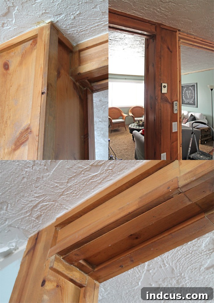 Before renovation: Badly constructed wood beams and pillar