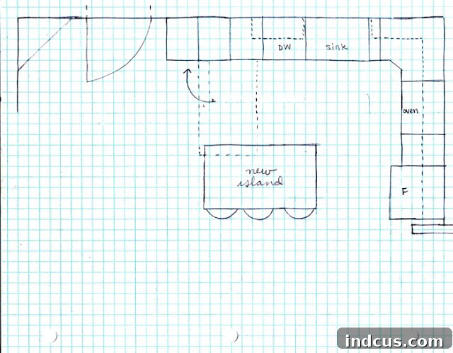 Kitchen mockup on graph paper showing new island layout concept
