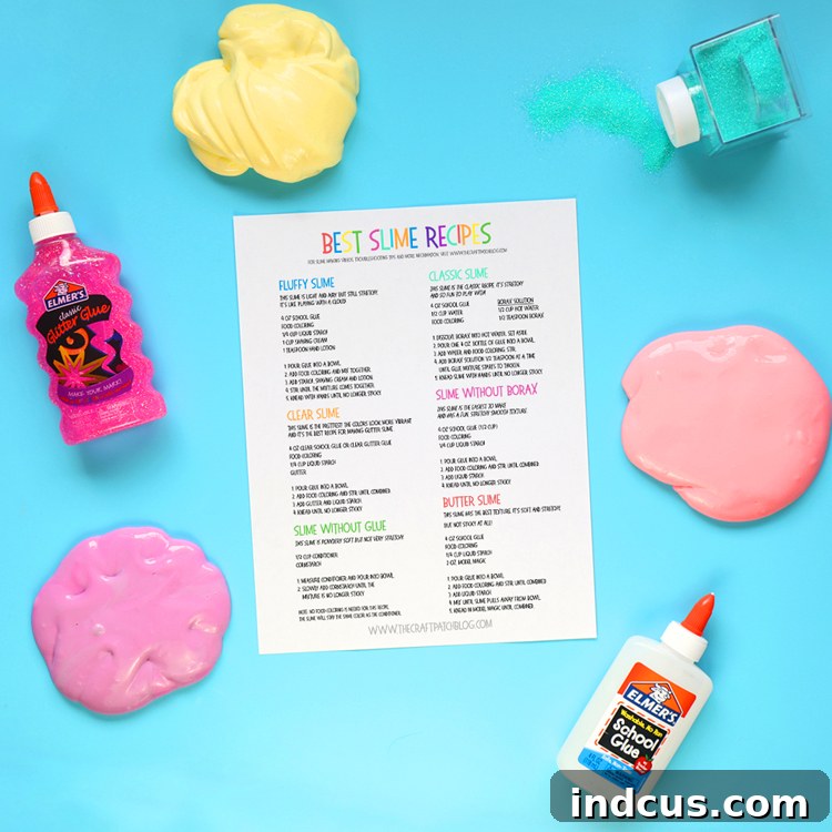 How to make slime. The best slime recipes all in one place! Slime without borax, glitter slime, fluffy slime, slime without glue, clear slime, dish soap slime, butter slime... we've tested all the recipes out there and have collected the best fail-proof slime recipes ever! printable slime recipes