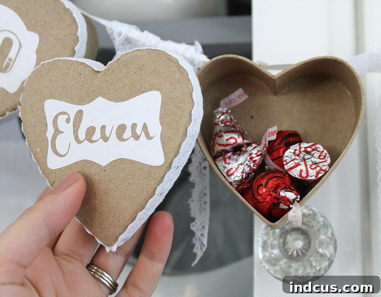 Filled Valentine's Day countdown heart boxes ready for daily reveals