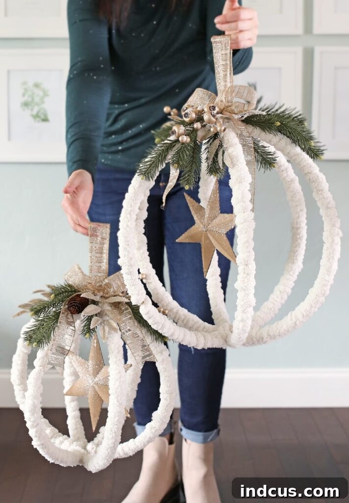Giant Yarn-Wrapped Hoop Christmas Ornaments