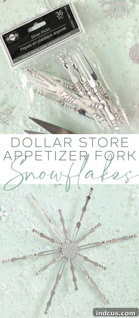Finished DIY appetizer fork snowflake ready for pinning, highlighting its simple elegance as a holiday decoration.