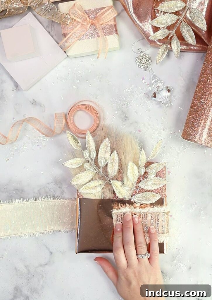 Pocket Perfect Gift Wrap 6 Fancy gift wrapping idea with layered ribbons and a bow on the pocket