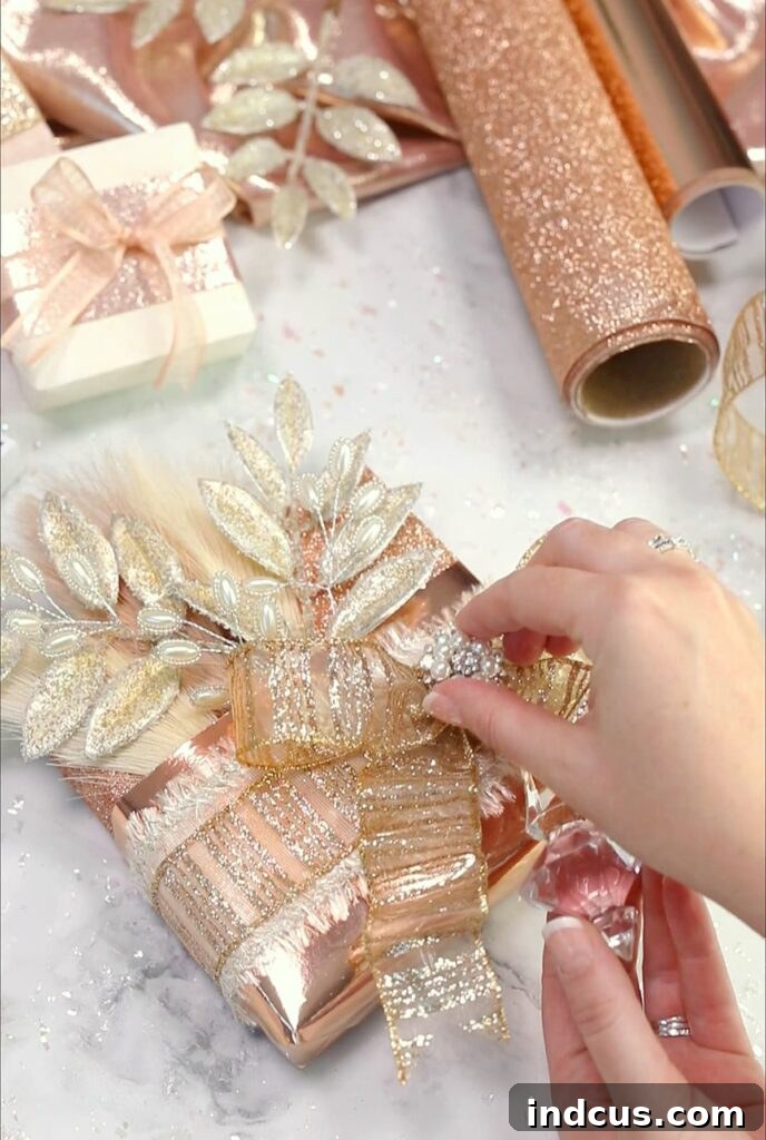 Pocket Perfect Gift Wrap 7 Glamorous gift wrapping idea with a Christmas ornament attached to the bow