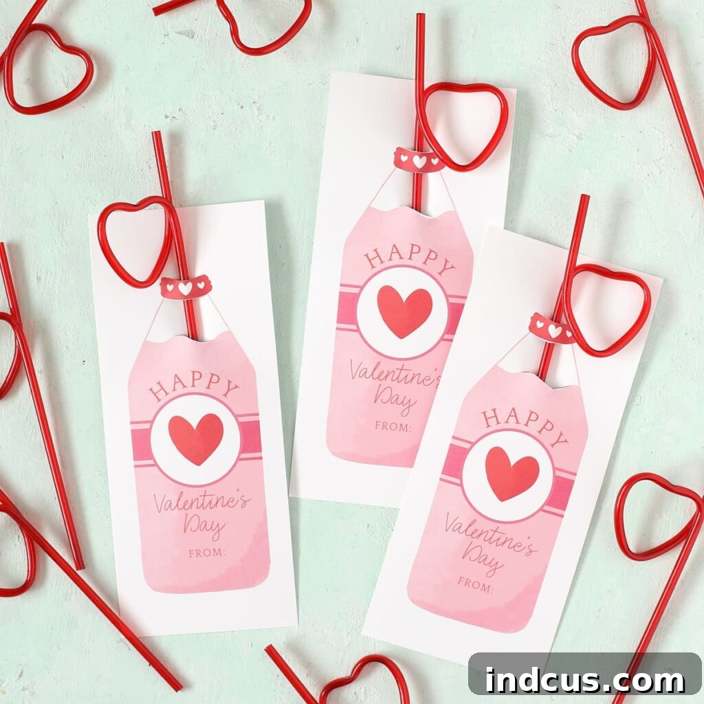 Printable crazy straw Valentine's Day cards featuring a milk bottle design with a heart-shaped crazy straw inserted through slits.