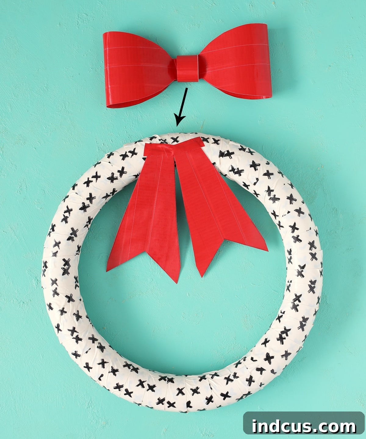 Finished Duck Tape wreath adorned with a stunning giant bow