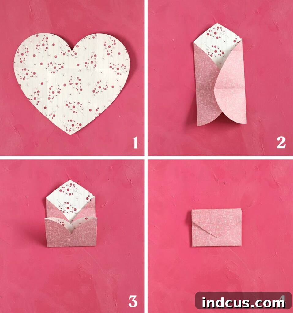 Craft Your Own Heart Envelope 7 Visual summary showing the four key steps to fold a paper heart into a functional and cute envelope.