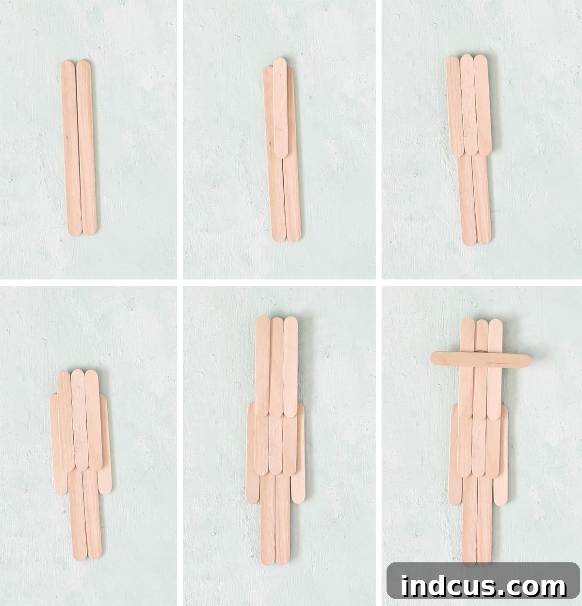 A step-by-step image showing how to glue craft sticks together to form the body and limbs of a leprechaun figure.
