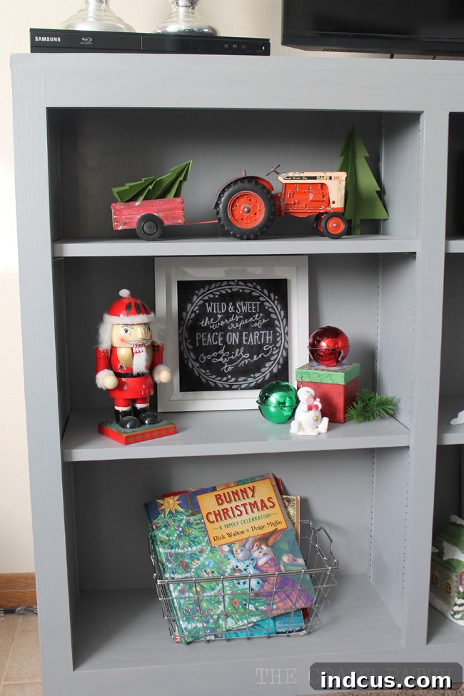 Our Christmas Wonderland 15 Shelf styling with a curated collection of Christmas items, demonstrating creative grouping and resourceful decor.