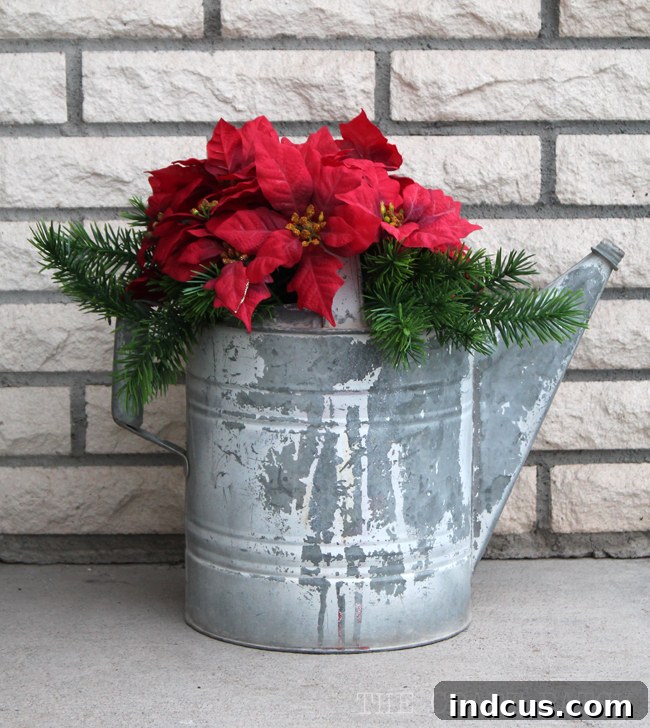 Our Christmas Wonderland 4 Vintage metal watering can filled with vibrant poinsettias and fresh pine branches for elegant Christmas porch decor.